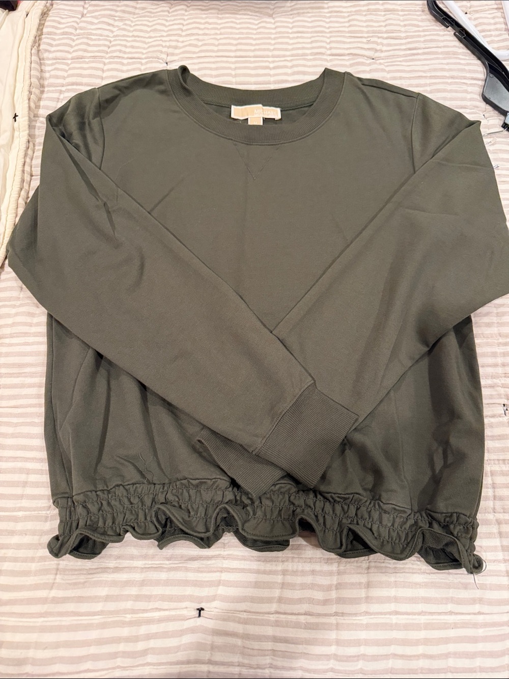 Michael Kors Olive Green Ruffle-Hem Crewneck Sweatshirt